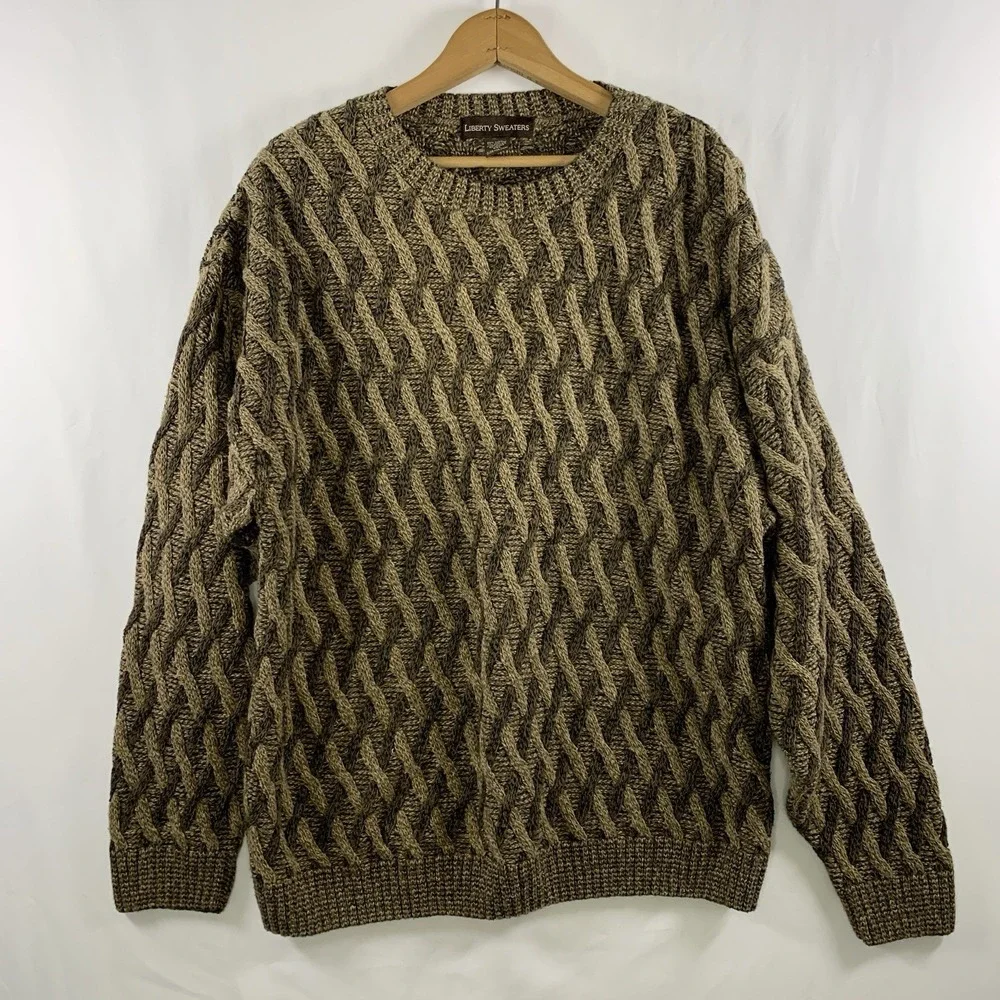 VTG 90s Mens Chunky 3D Basketweave Grandpa Sweater XL Earthy Grunge Granola USA